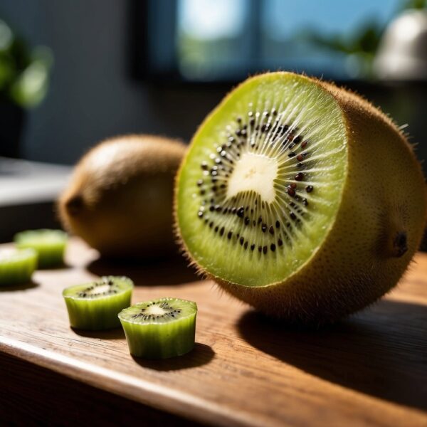 A kiwi fruit sliced on a counter. 