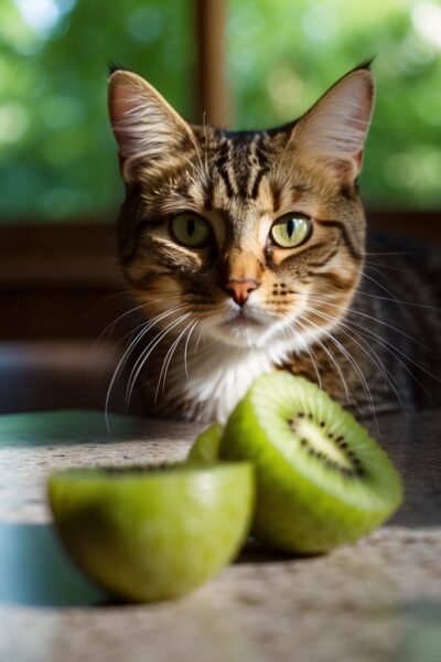 Cat with sliced kiwi