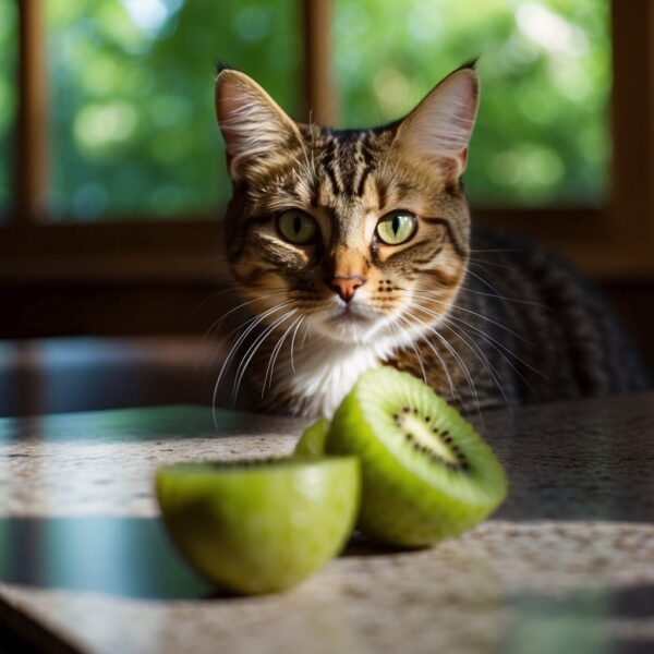A cat happily eating kiwi, with a shiny coat and bright eyes.