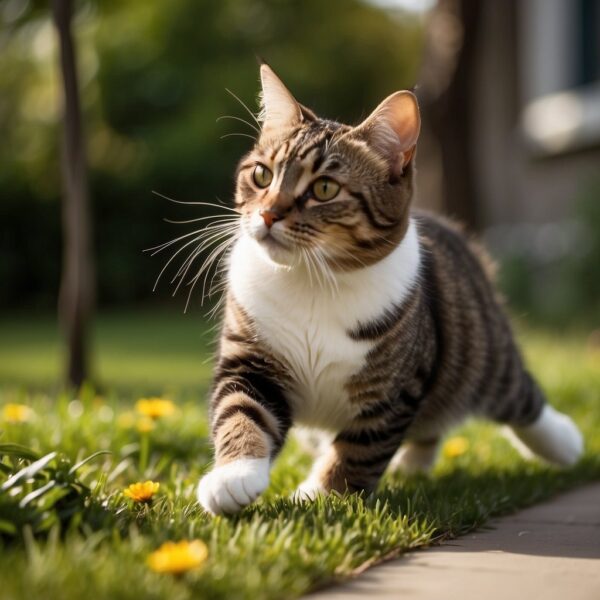 cute kitty walking in grass with dandelions.