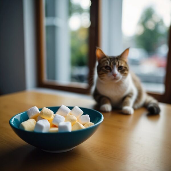 A cat sits next to a bowl of marshmallows, looking curious but unsure. A responsible pet owner watches closely, ready to intervene if needed