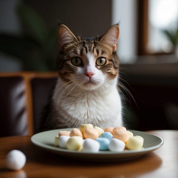 A cat sitting in front of a plate of marshmallows, looking curious but hesitant to eat them