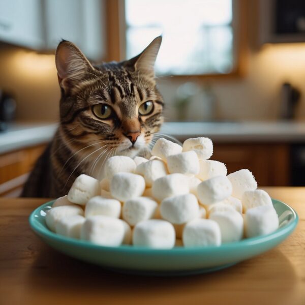A curious cat sniffs a pile of fluffy marshmallows on a kitchen counter. Its whiskers twitch as it contemplates taking a bite