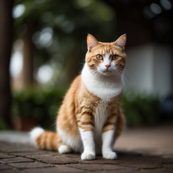 A mixed-breed cat, known as a Moggy, sits proudly with a confident stance, displaying a unique combination of various feline characteristics