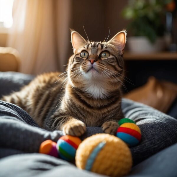 A moggy, or mixed-breed cat, lounges in a cozy, sunlit room, surrounded by toys and a comfy bed. 