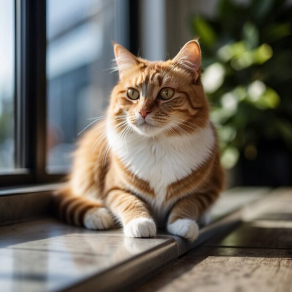 A moggy, or mixed-breed cat, lounges on a windowsill, gazing out with curiosity. 