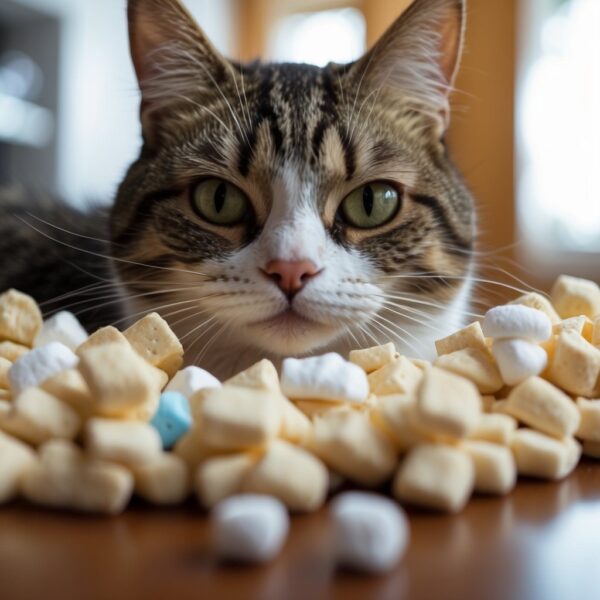 A curious cat sniffs a pile of marshmallows on a kitchen counte
