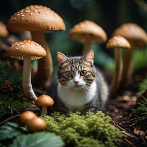 Cat surrounded by mushrooms Fantasy style. AI