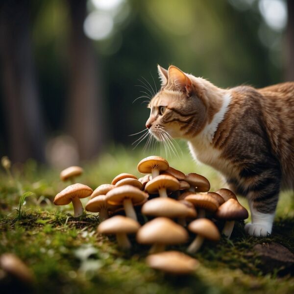 A cat sniffs a pile of mushrooms, then walks away uninterested