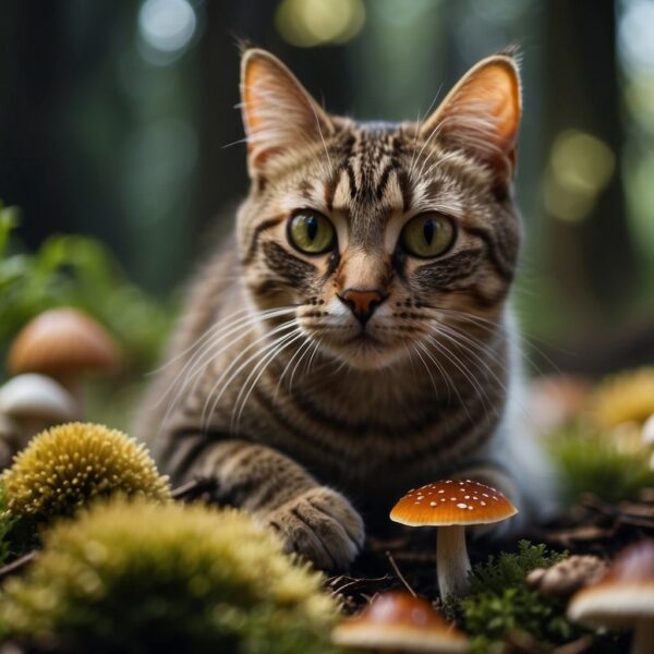 A curious kitty sniffs a variety of things on the forest floor
