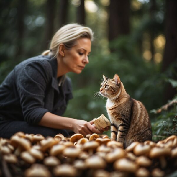 A cat cautiously sniffs a pile of mushrooms, while a concerned guardian watches closely.