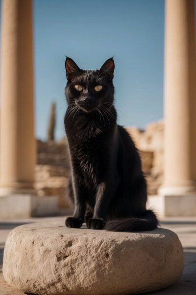 cat on pedestal in ancient temple