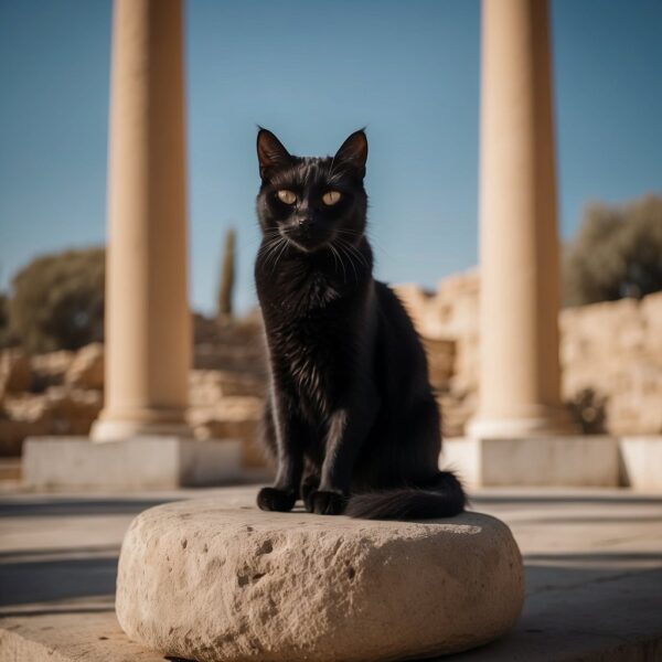 A majestic black cat sits atop a stone pedestal, surrounded by ancient Greek ruins. Mythology cat names