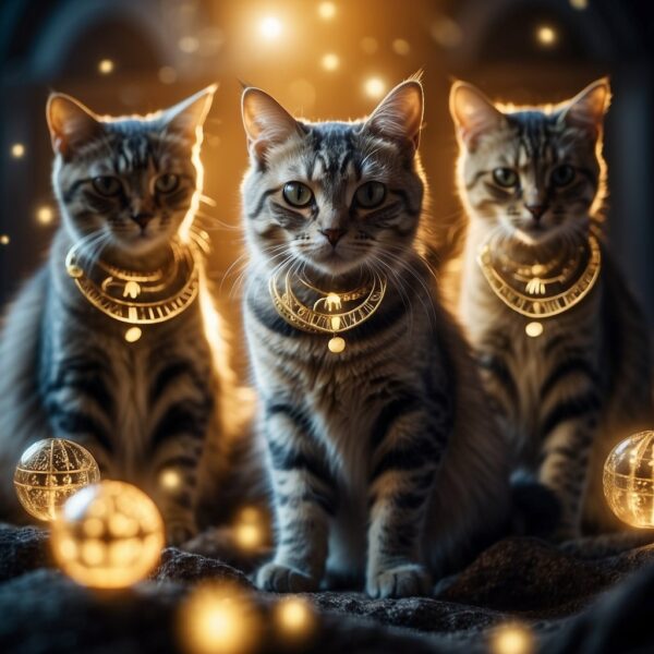 Cats surrounded by glowing orbs and ancient symbols, evoking a sense of magic and divinity in their presence. Choosing mythology names for cats.