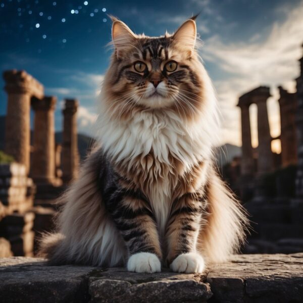 A cat surrounded by ancient temples and ruins