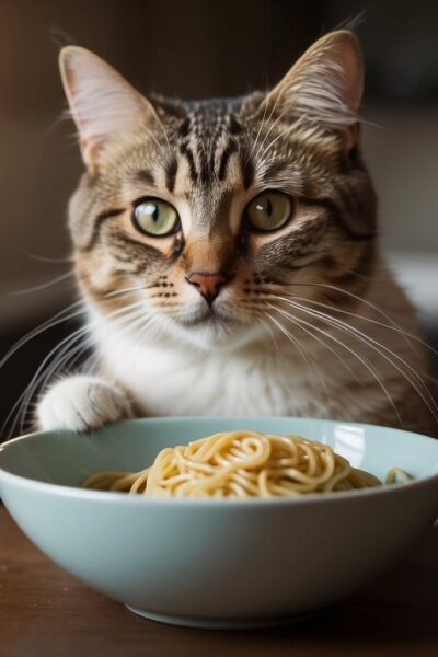 Cat with bowl of pasta