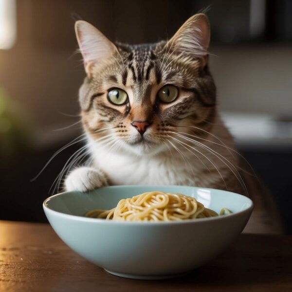 A cat slurps up a bowl of noodles eagerly