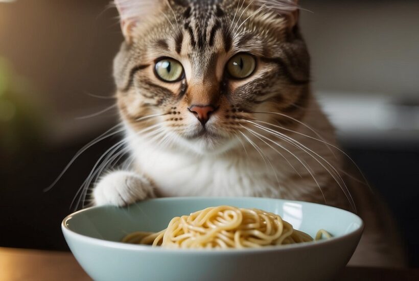 Cat with bowl of pasta