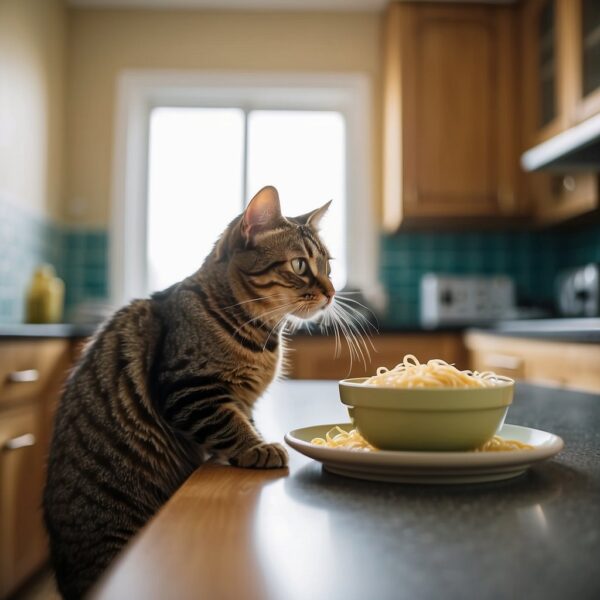 A curious cat sniffs a bowl of noodles on a kitchen counter