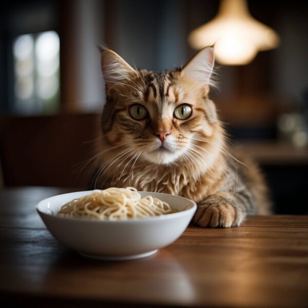 A cat sitting near a bowl of noodles, 