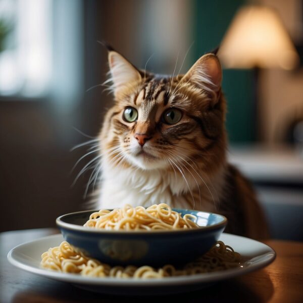 kitty with plate of pasta