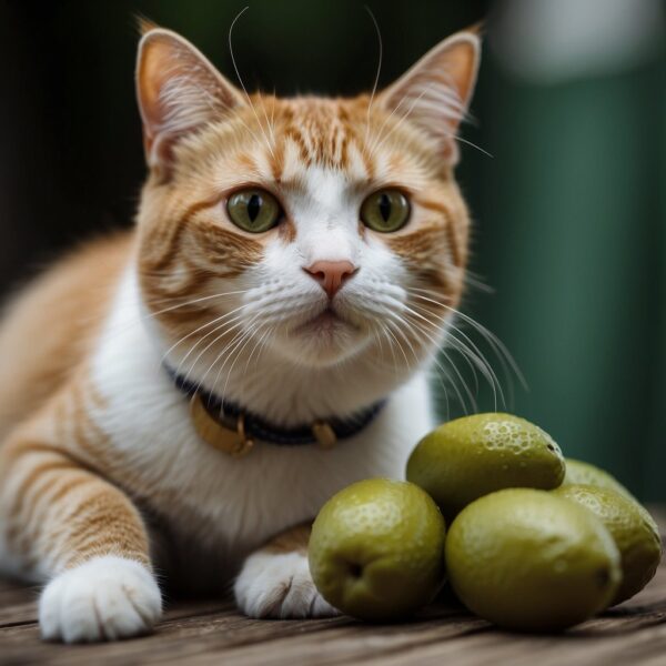 A cat eagerly munches on a green olive, its whiskers twitching with each bite