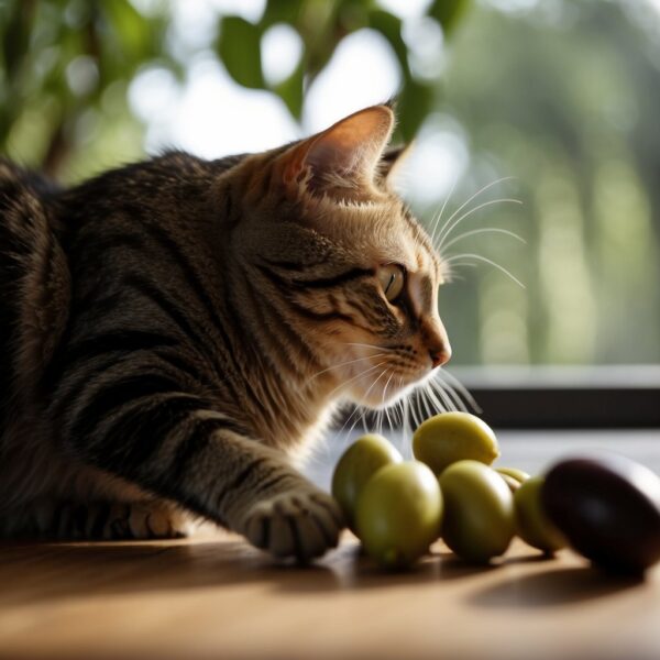 A cat sniffing olives, its pupils dilated and ears perked up. Its tail twitches as it tentatively takes a small bite