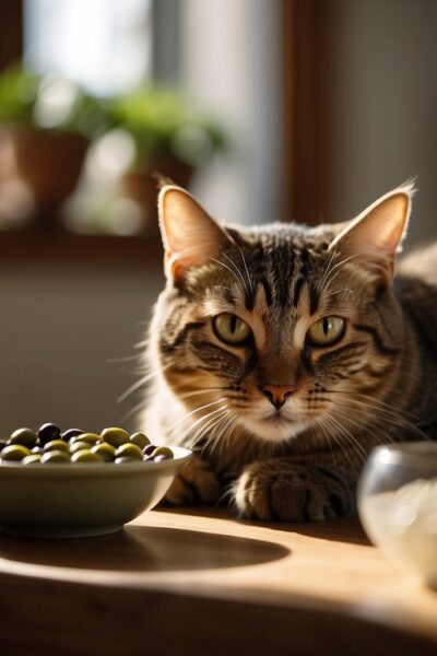 cat with bowl of olives