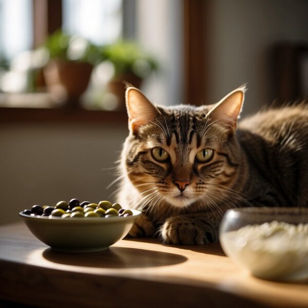 A cat sitting near a bowl of olives, looking curious but hesitant to eat them