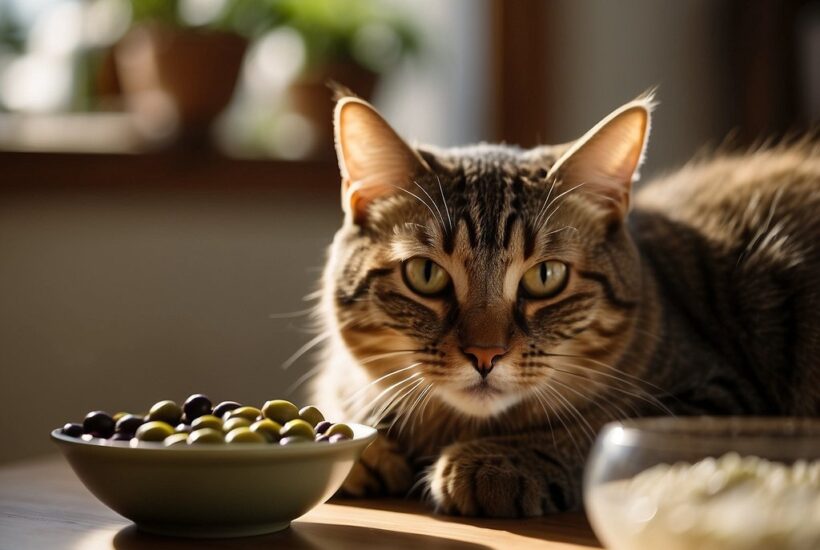 cat with bowl of olives