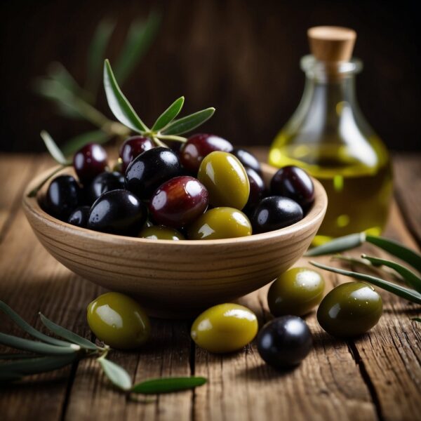 A bowl of olives sits on a rustic wooden table, with a few olives spilling out onto the surface. The olives are a mix of green and black, and they glisten with a thin layer of olive oil