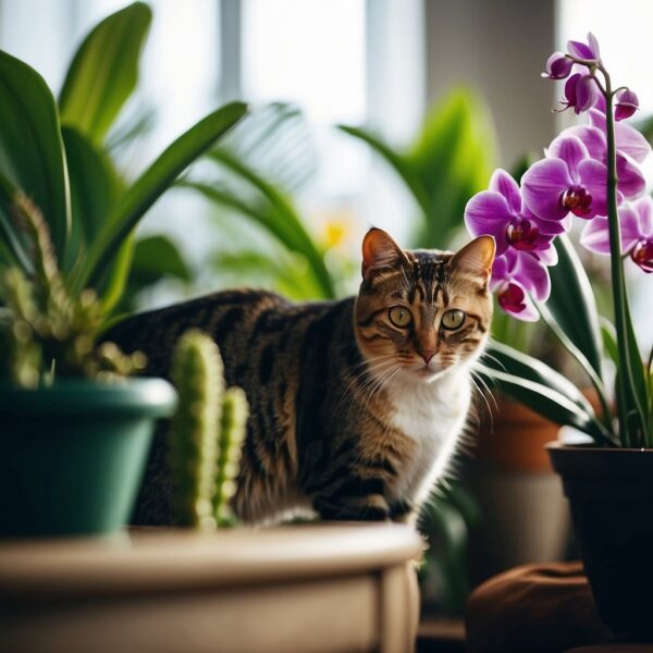 A curious cat sniffs at a vibrant orchid plant, while nearby, another feline lounges among a variety of lush, green houseplants