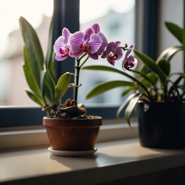 An orchid plant sits on a windowsill, 