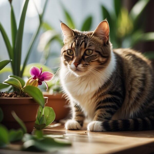 a cat in greenhouse with orchid