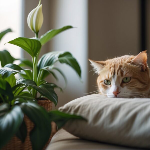 A peaceful scene with a lush green Peace Lily plant, a curious cat, 