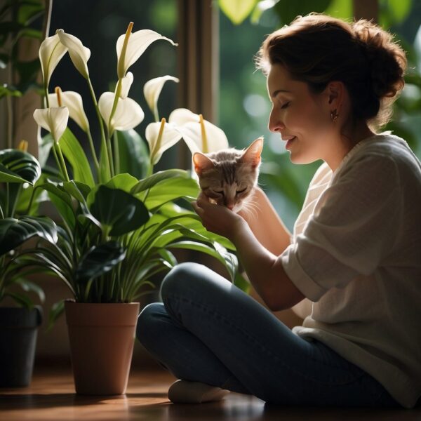 A cat parent examines a plant with concern. The cat sniffs the leaves, while the owner looks up information on their phone