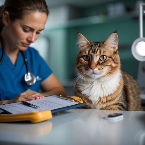 A cat being examined by a veterinarian for pica, with the vet holding a clipboard and the cat sitting on an examination table