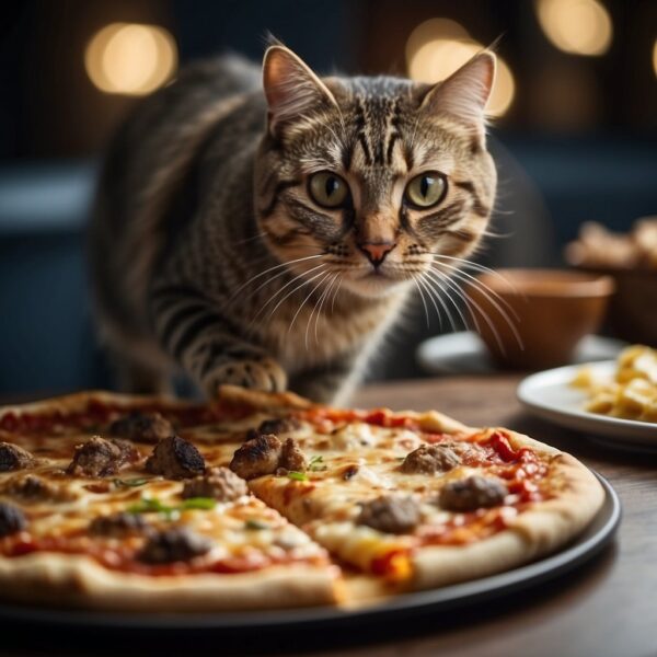 A cat eagerly snatches a slice of pizza from a table