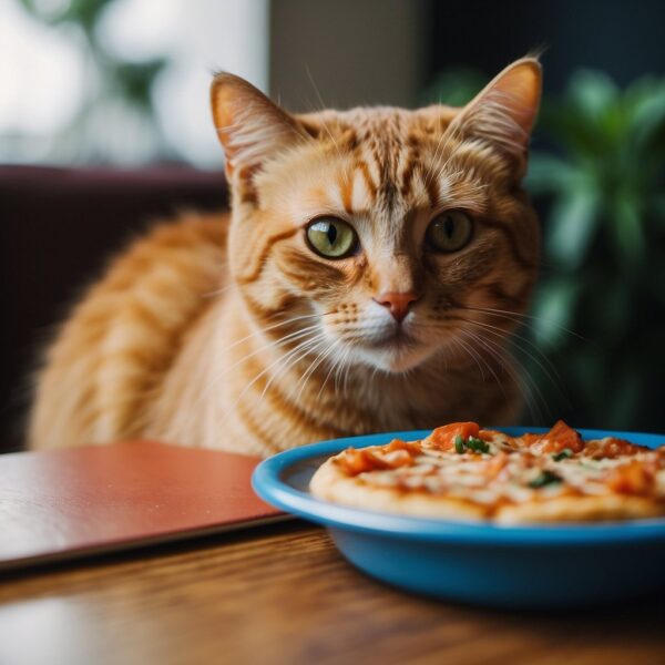 Feline looking at a dish on counter