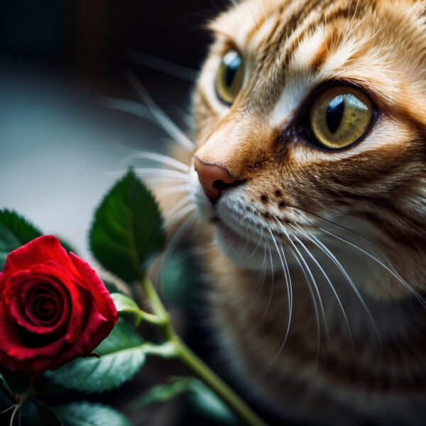 A cat sniffs a red rose, its eyes widen in curiosity