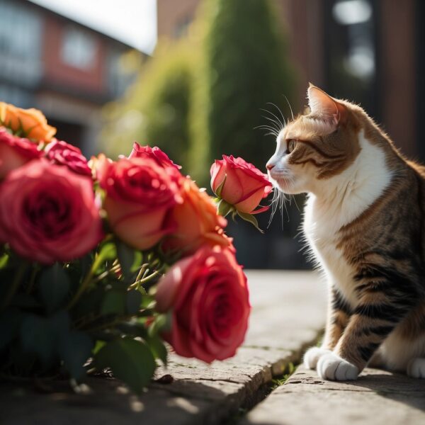 A curious cat sniffs a vibrant bouquet of roses, while a concerned owner watches closely