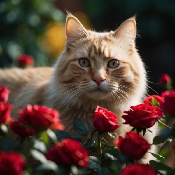 A cat cautiously navigates around a bed of roses, avoiding the sharp thorns. The cat's eyes are wide with caution, highlighting the potential dangers of roses for feline safety