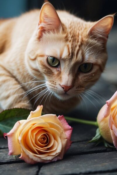 Ginger kitty with peach roses