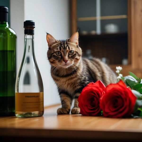 A kitty with a bottle of wine and flowers