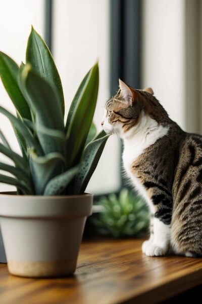 cat and snake plant in window