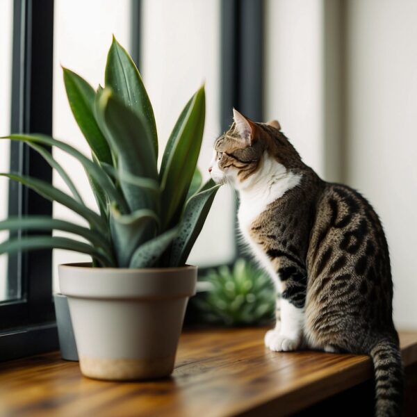 Cat and snake plant in window