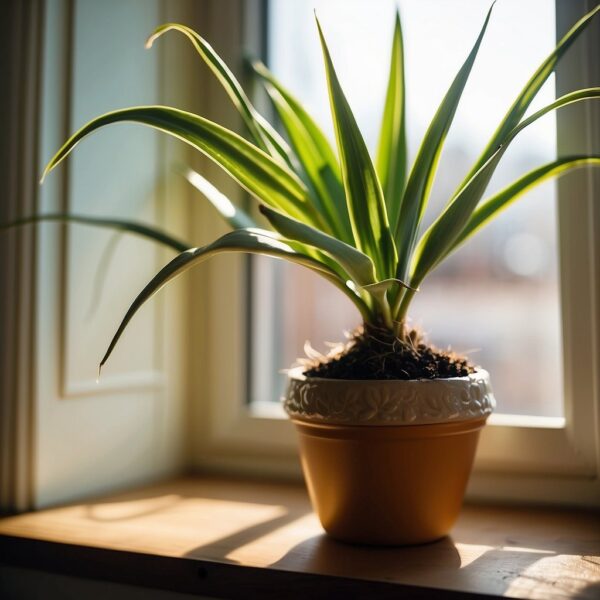 A snake plant sits on a windowsill, its long, upright leaves reaching towards the sunlight. 