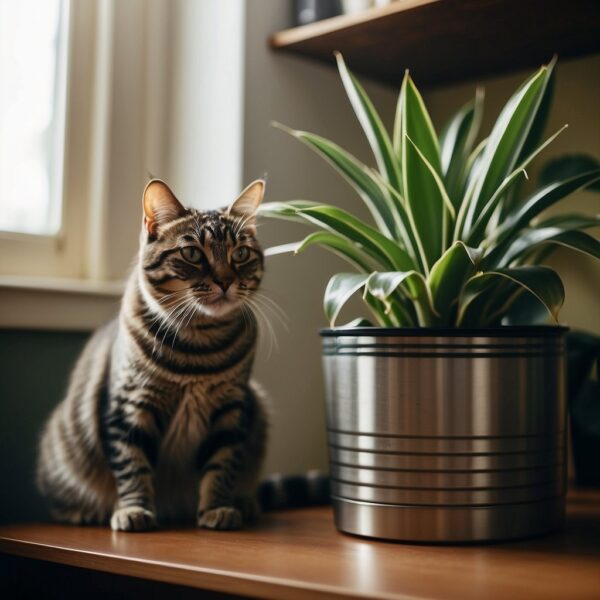 Cat with potted snake plant
