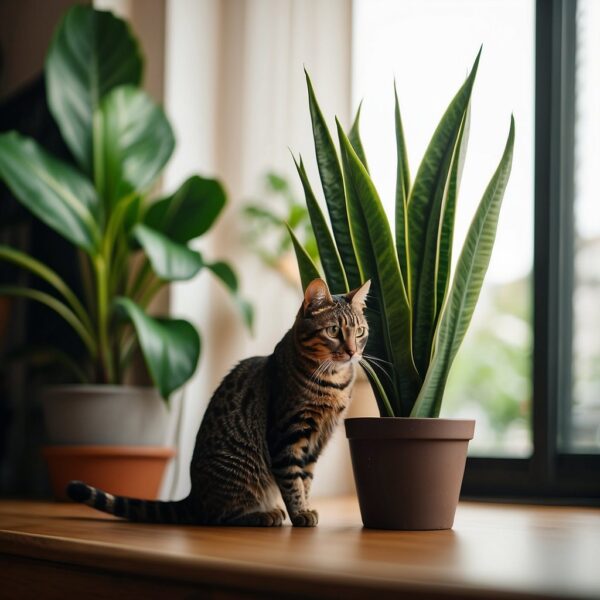 A snake plant sits on a high shelf, with a curious cat gazing up at it from the floor. The plant's long, pointed leaves reach towards the ceiling, while the cat's eyes remain fixated on the greenery