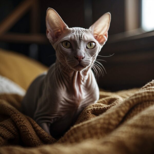 A Sphynx cat with wrinkled skin and large ears sits on a cozy blanket, gazing curiously at its surroundings